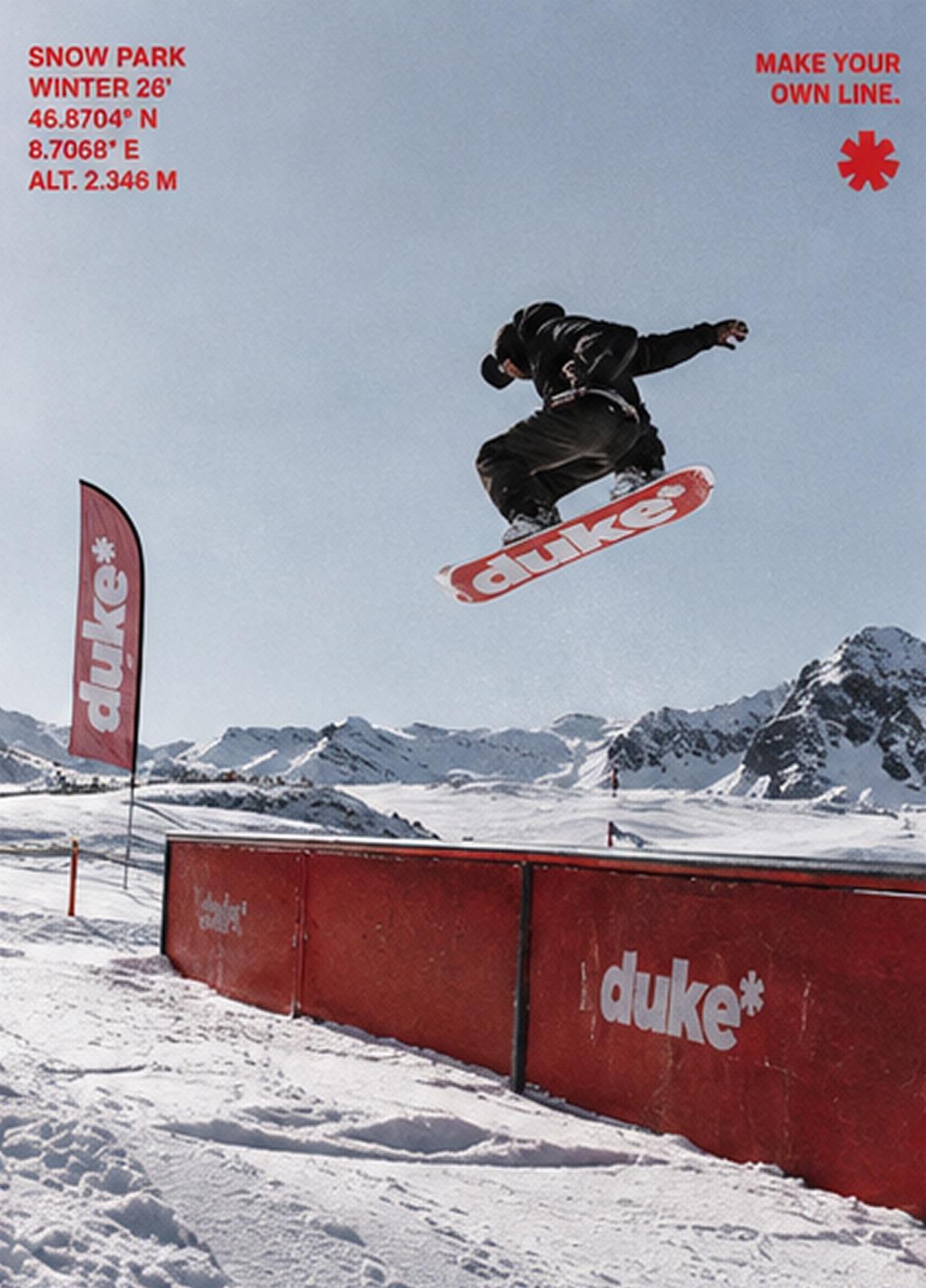 Cartel de Duke con una tabla de snowboard