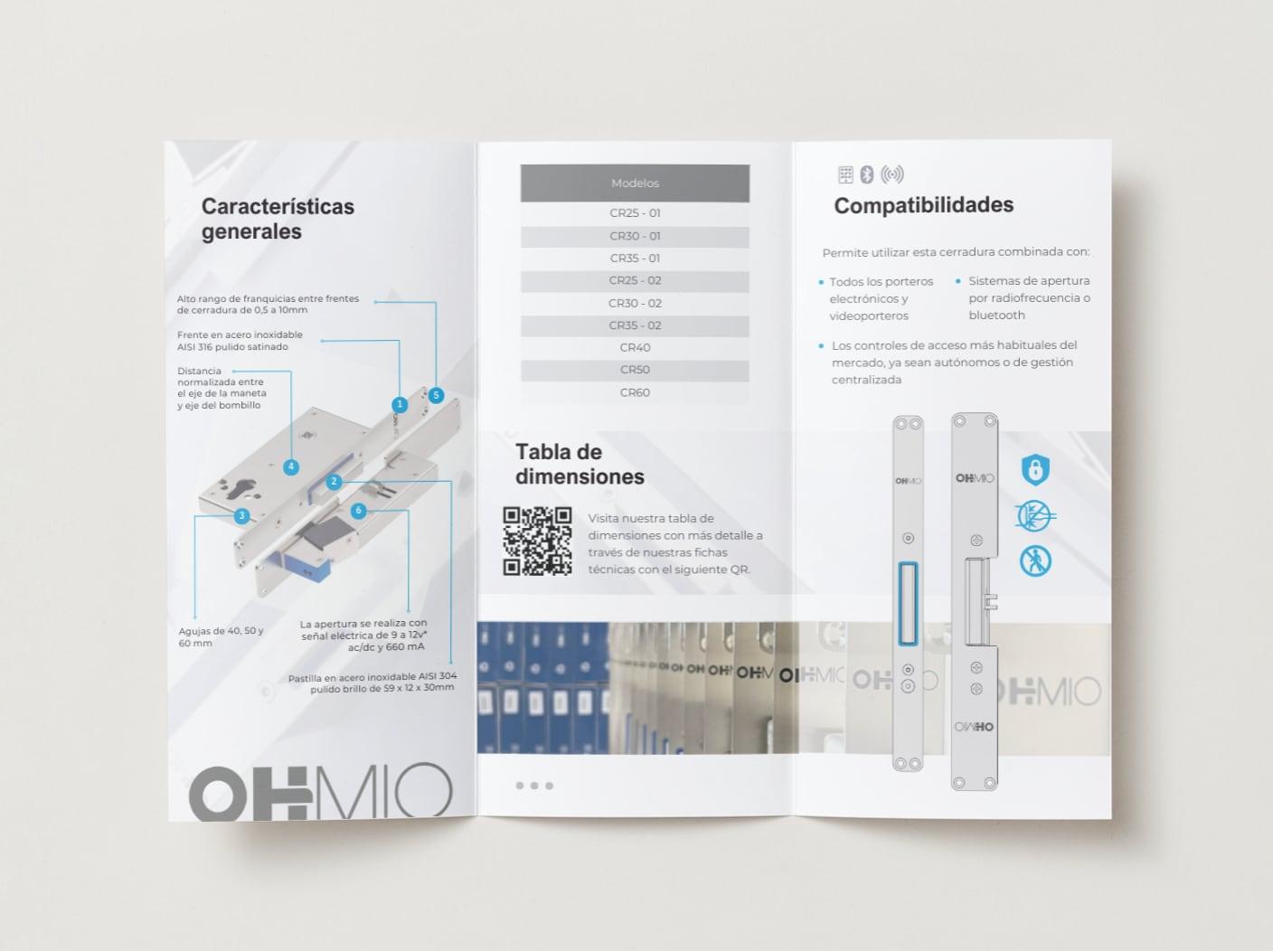 Díptico abierto con las características y la tabla de dimensiones de OHMblue