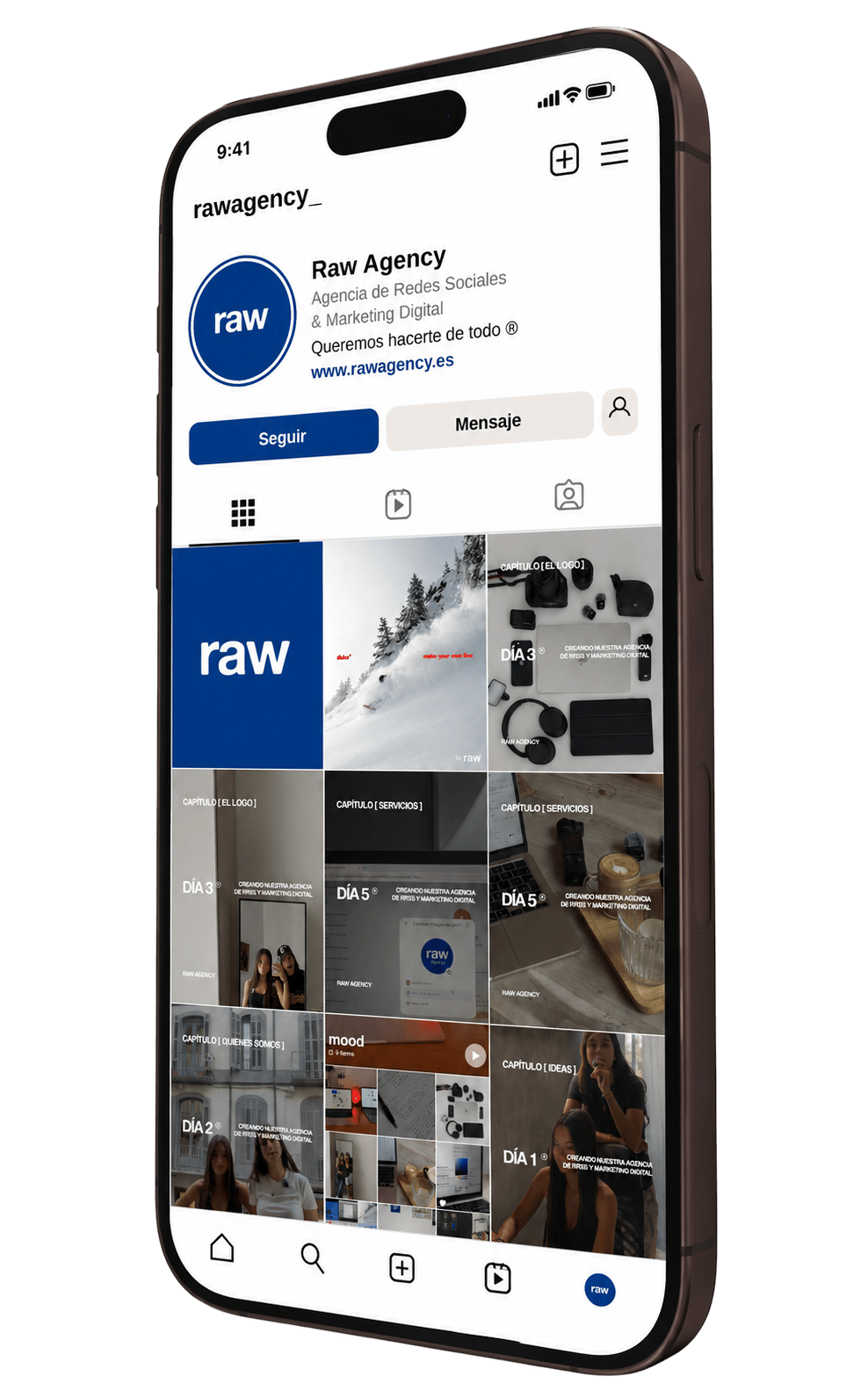 Perfil de Instagram de RAW Agency en un móvil
